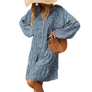 Camisa Dark Blue & Black Spotted Tiered Button-Front Notch Neck Dress Size L